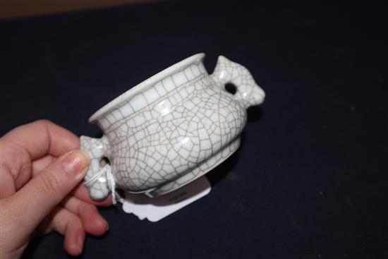 A small two handled crackleware Chinese censer height 6cm